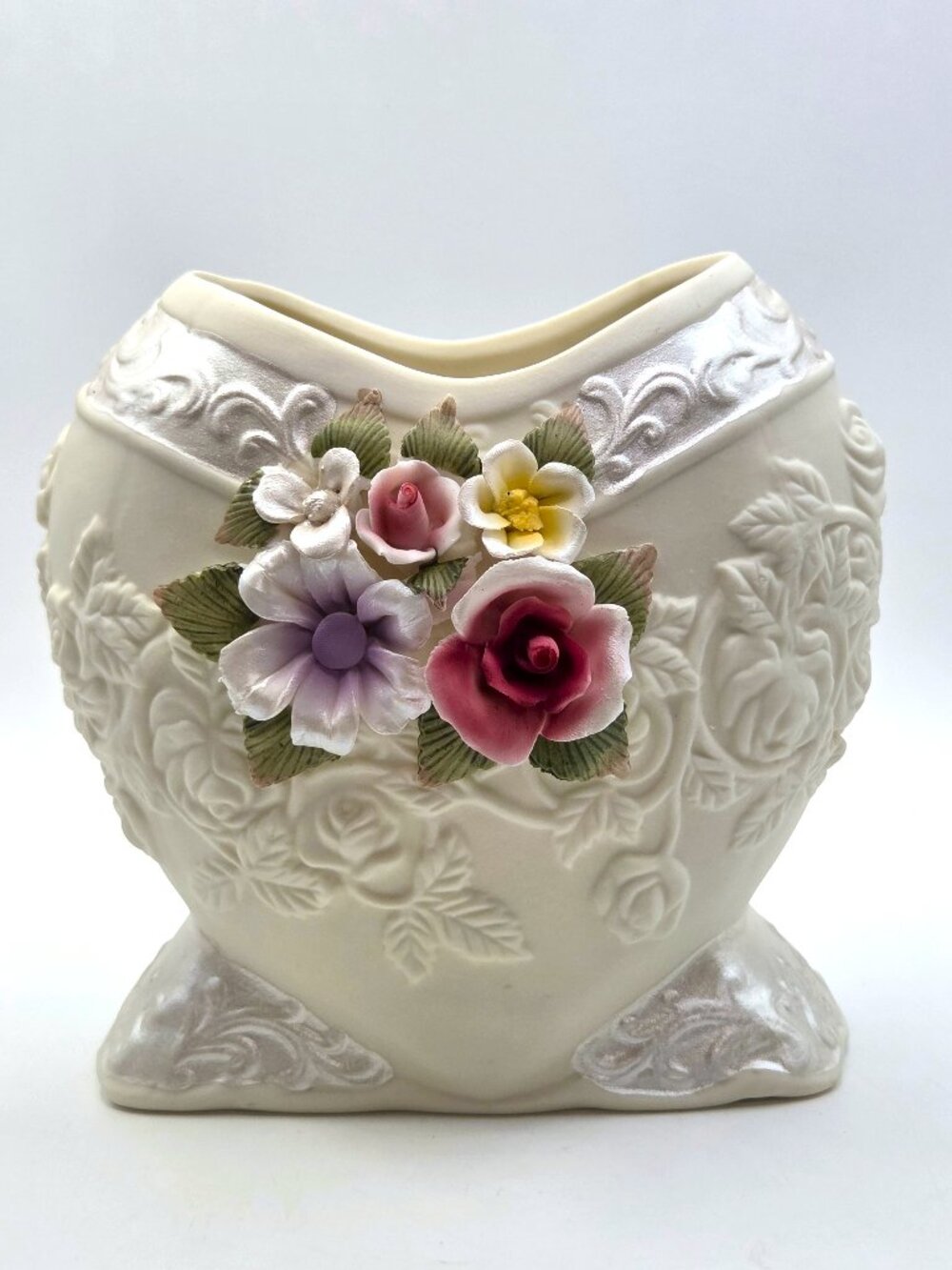 Capodimonte Style Heart Shaped Bisque Vase with Applied Flowers